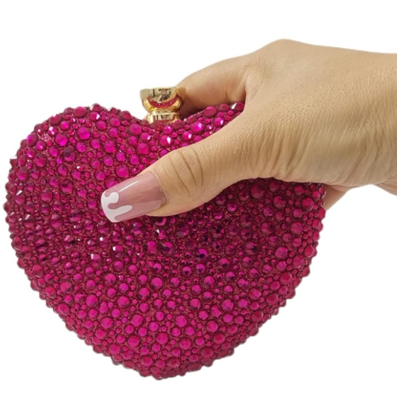 Fuchsia Pink Heart Shape Purse Sparkling Crystal Clutch Crossbody Bag Long Chain